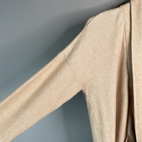 Abercrombie & Fitch Open Cardigan Sweater Tan White Ribbed Draped Pockets Small - Picture 4 of 12